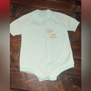 Vintage Mint Green Baby Romper with Embroidered Cat